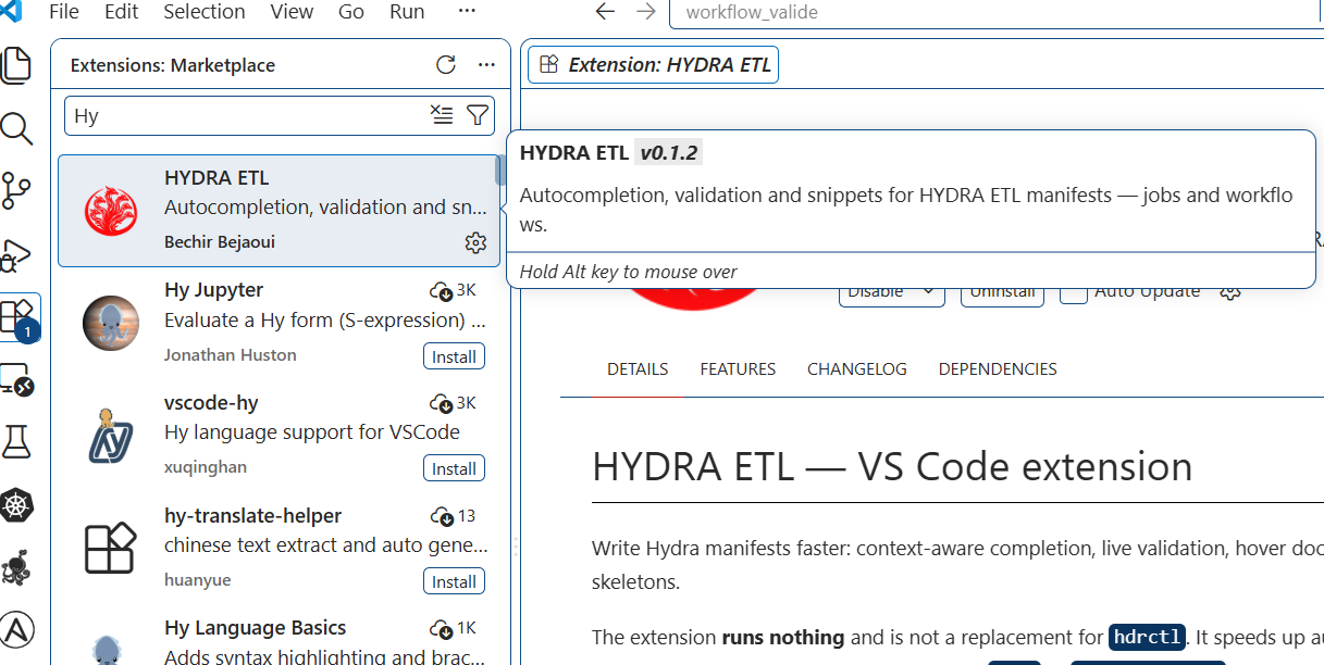 The HYDRA ETL extension card in the VS Code Extensions panel, showing version 0.1.2 and the publisher name, with the extension README open beside it.