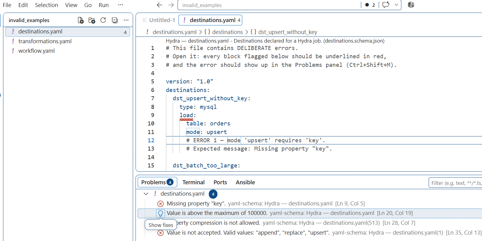 VS Code showing destinations.yaml with underlined keys, and the Problems panel below listing four schema errors with their line and column.