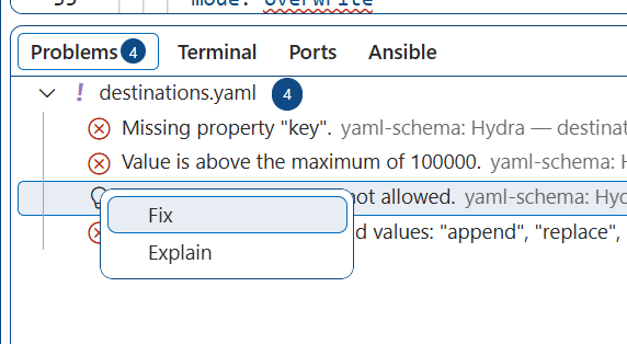 Right-click menu on a Problems panel entry, offering Fix and Explain.