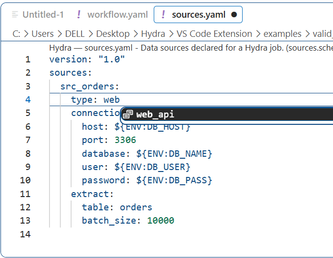 The sources.yaml editor with type set to web, and a completion popup offering web_api.