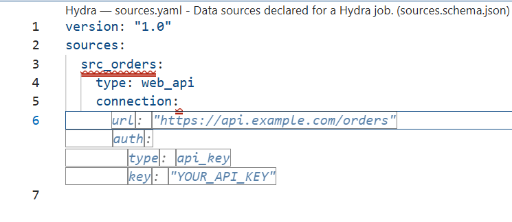 The same file after switching to web_api, with the connection block now holding url, auth, type and key.