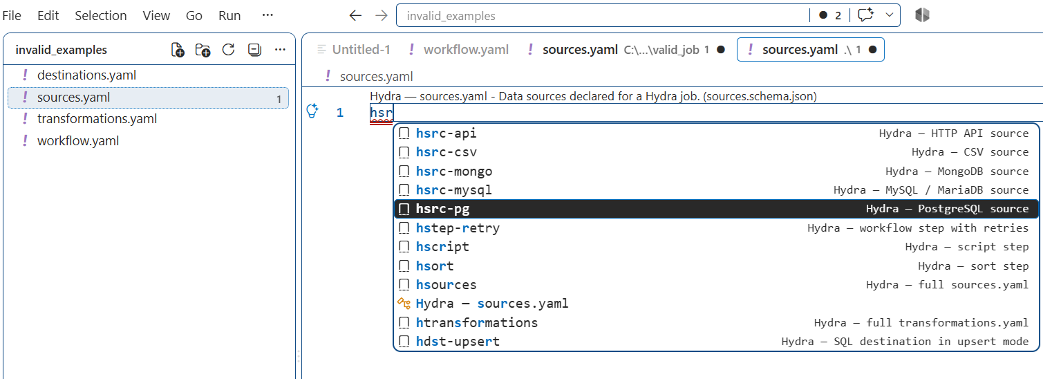 A sources.yaml file with the prefix hsr typed, and the suggestion list showing the Hydra snippets, hsrc-pg highlighted as the PostgreSQL source.